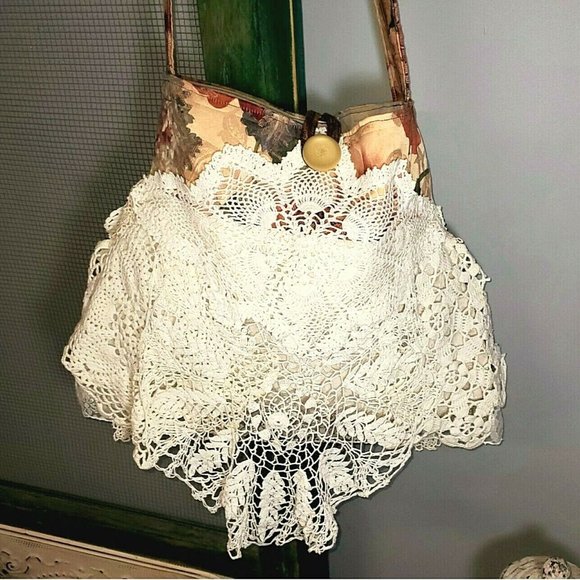 Boho Handbag Unique Gypsy Purse Hippie Bag Vintage Crochet Lace Doilies Fringe - Picture 1 of 11